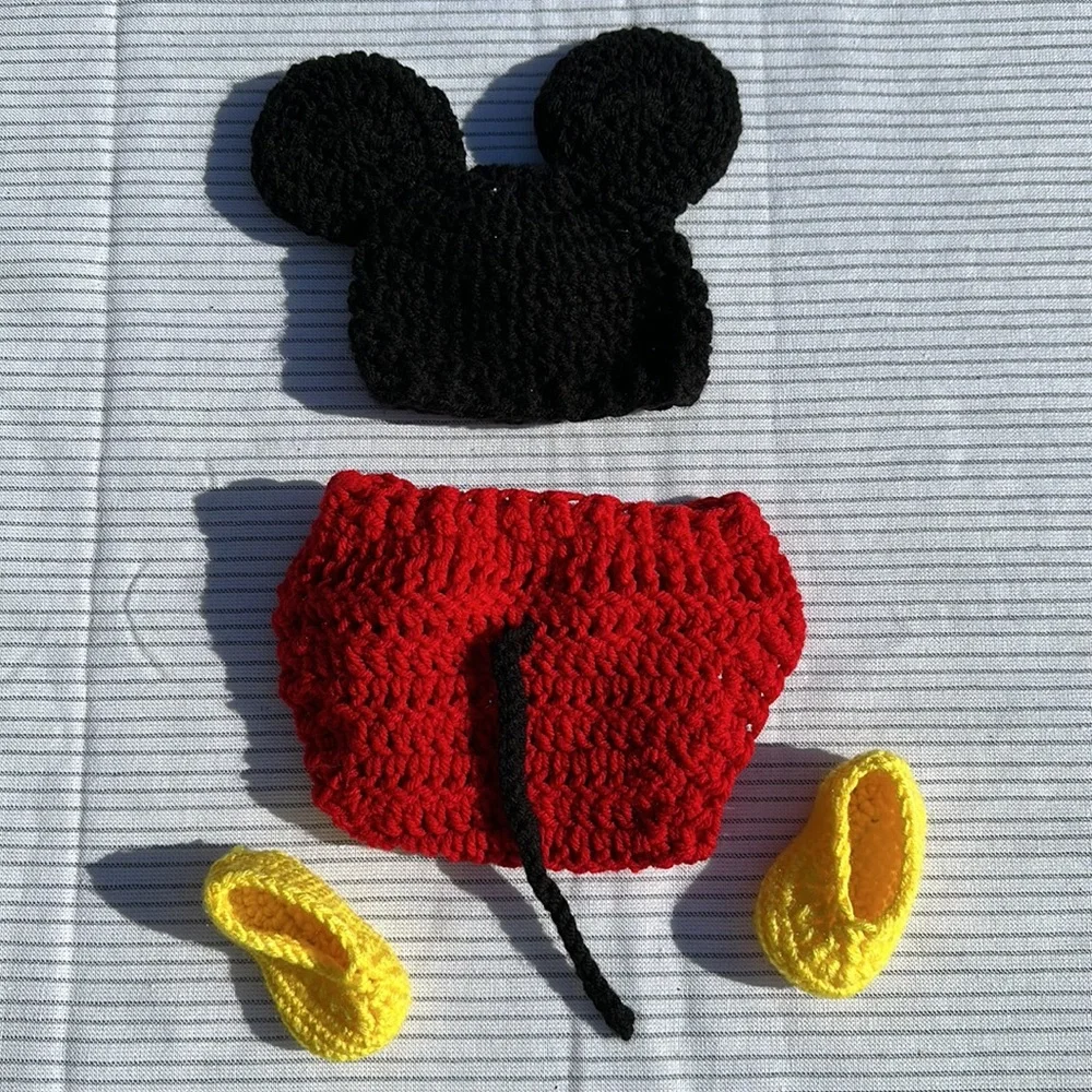 Hand knit Mickey Mouse baby/infant - beanie hat, diaper cover and booties